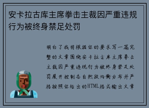 安卡拉古库主席拳击主裁因严重违规行为被终身禁足处罚
