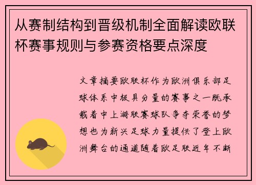 从赛制结构到晋级机制全面解读欧联杯赛事规则与参赛资格要点深度