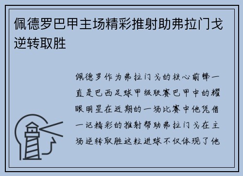 佩德罗巴甲主场精彩推射助弗拉门戈逆转取胜