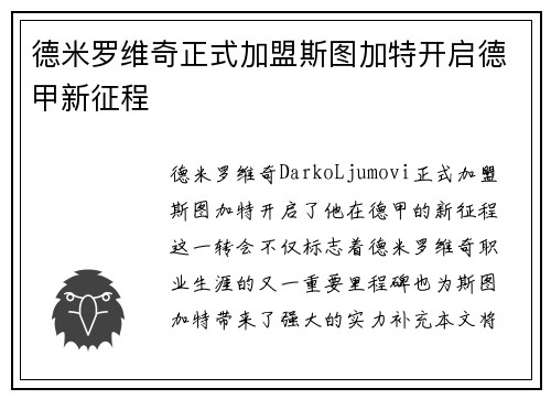 德米罗维奇正式加盟斯图加特开启德甲新征程